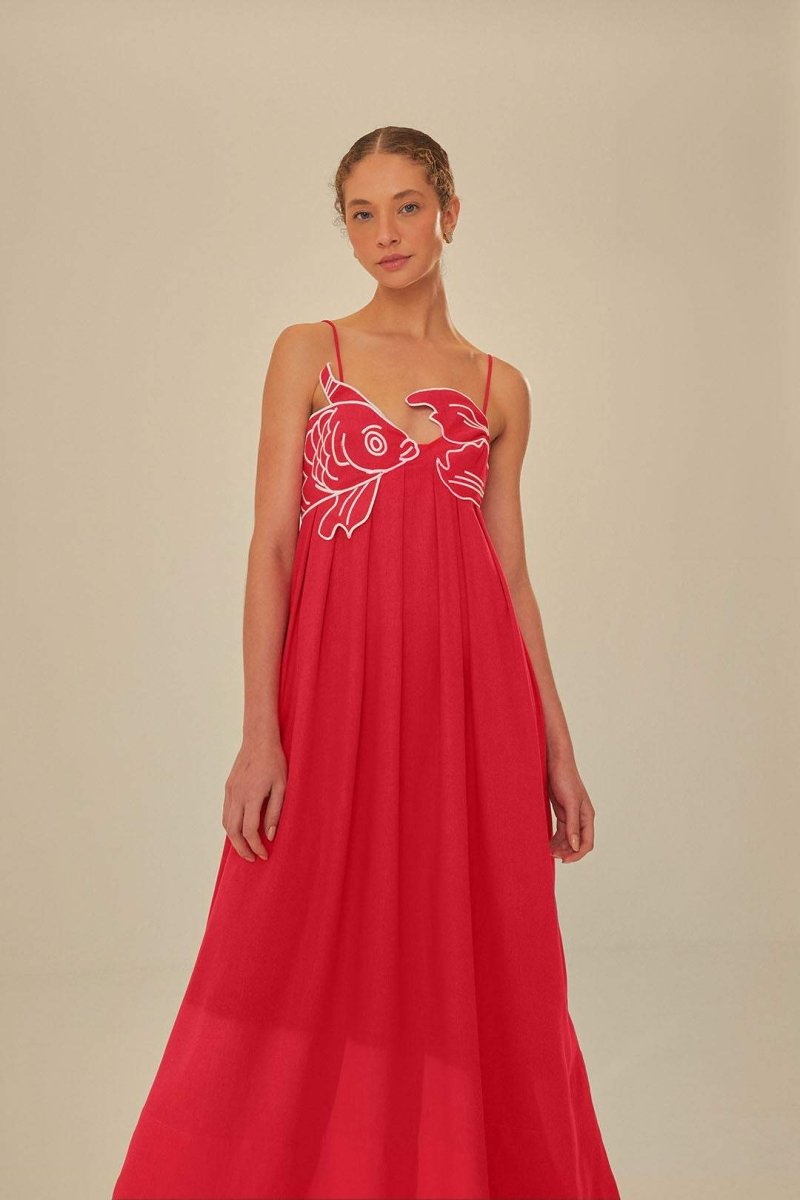 Vestito lungo massimo ricamato con pesce d'oro Eileen