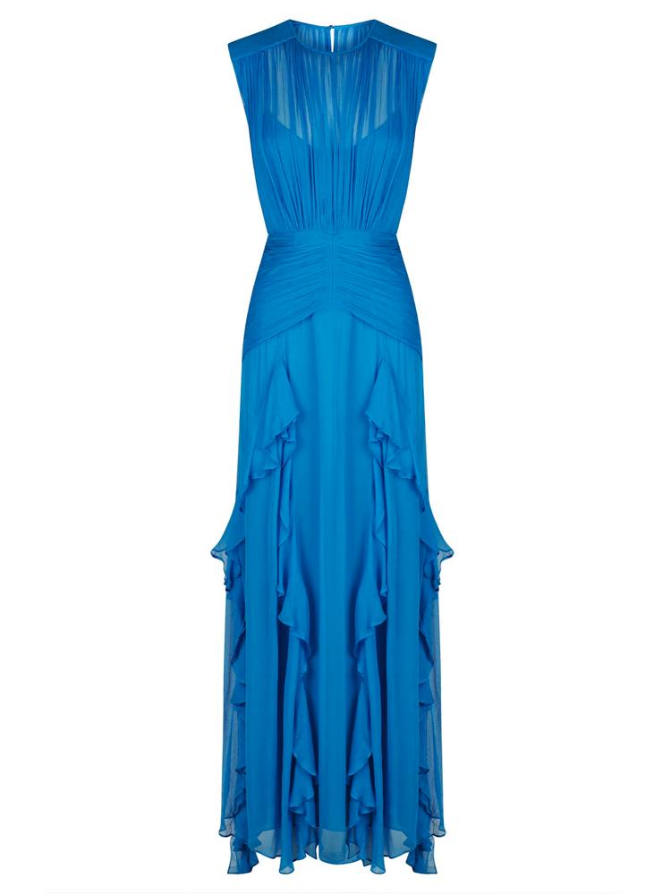 Vestito lungo maxi plissettato con scollo rotondo e volant Eileen