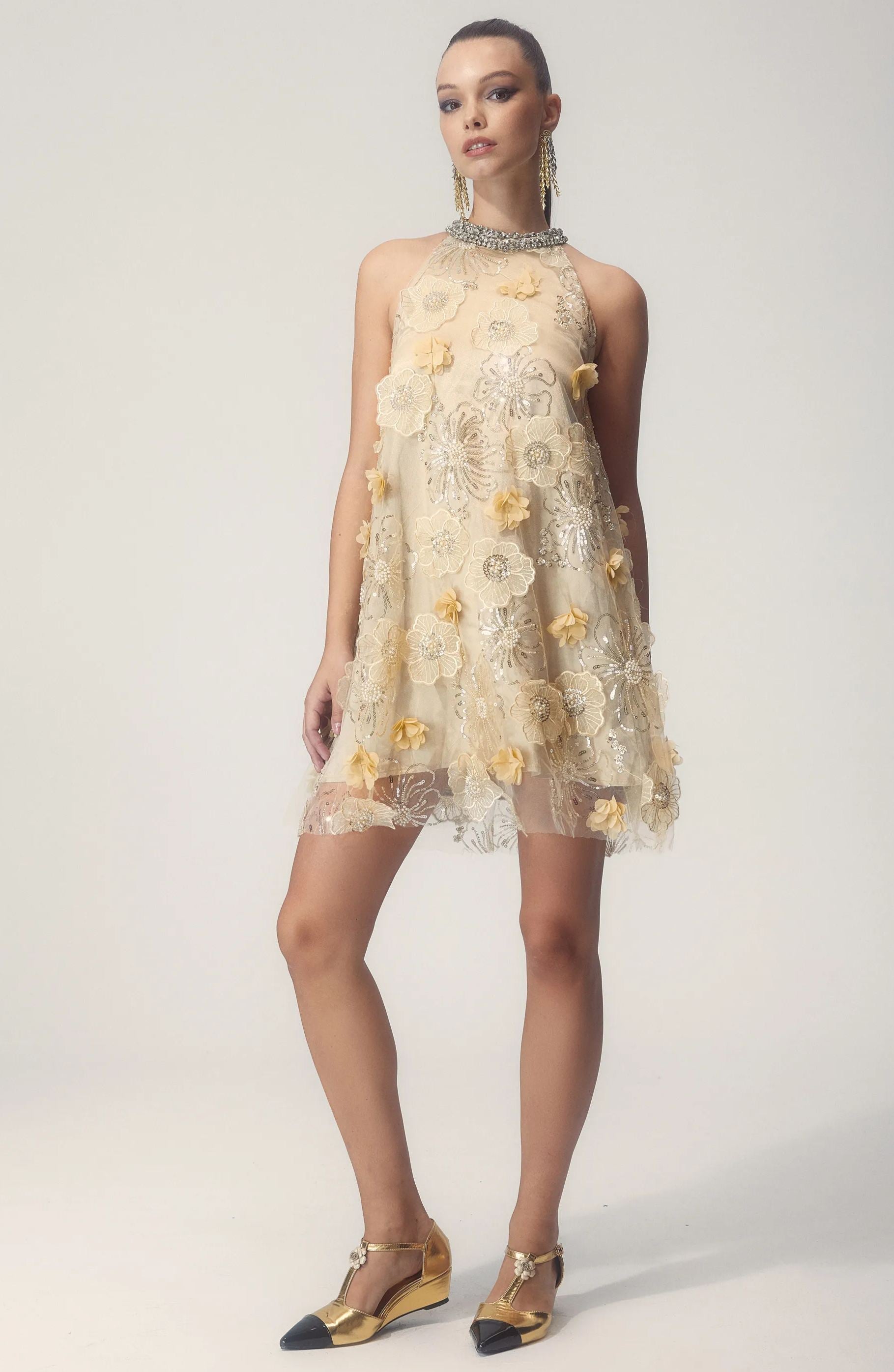 Vestito Mini con Increspature a Fiori e Sequin con Colletto a Base a Ella