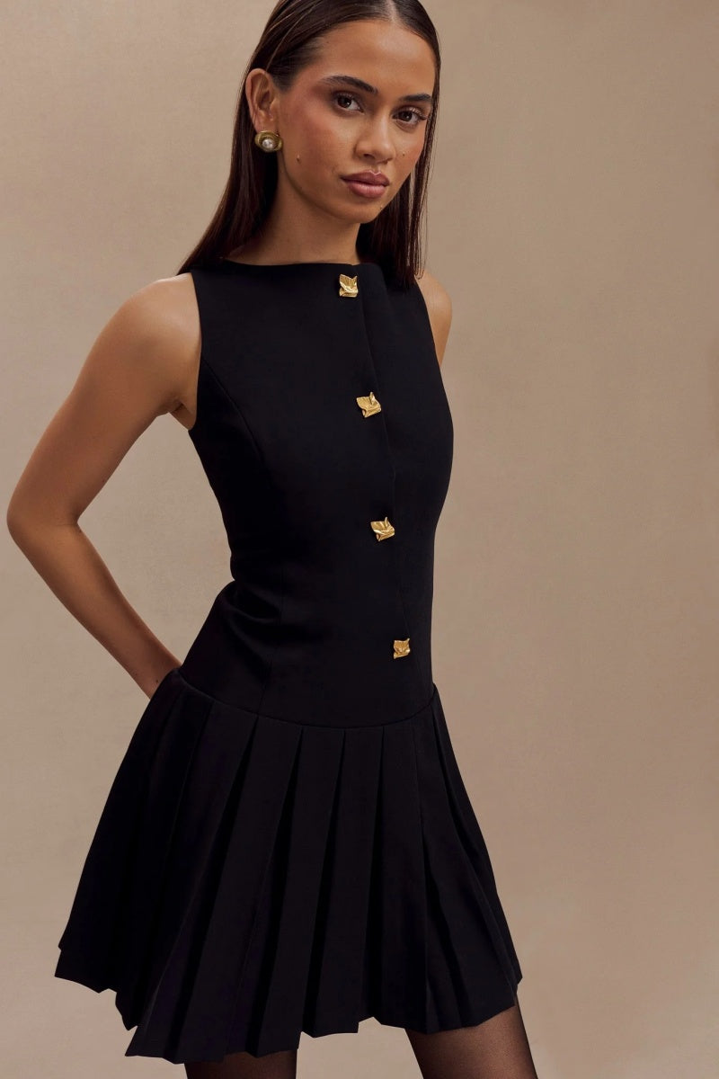 Vestito Mini Plissettato con GOLA A Barca Nero