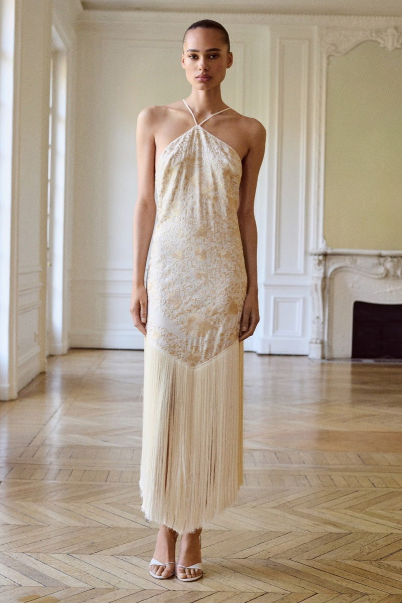 Vestito midi con gonna a nappe e scollo a halter