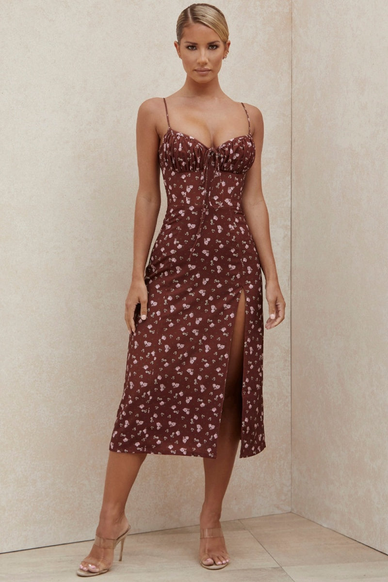 Vestiti Midi con Decolleté Aperto e Slaccia con Stampa Floreale