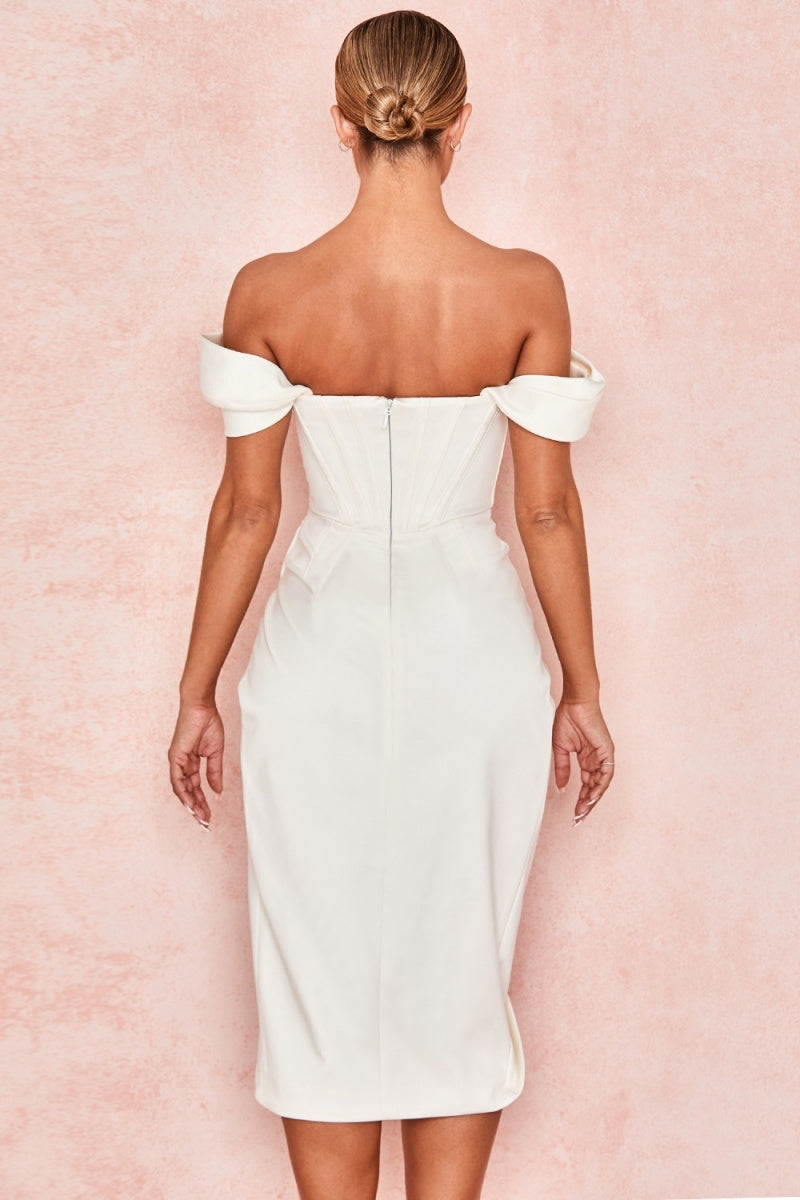 Vestito Mini in Satino Avorio con Spalline a Sgancio
