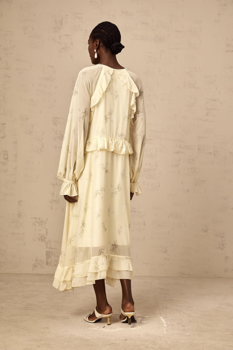 Vestito midi in chiffon con stampa floreale e volant