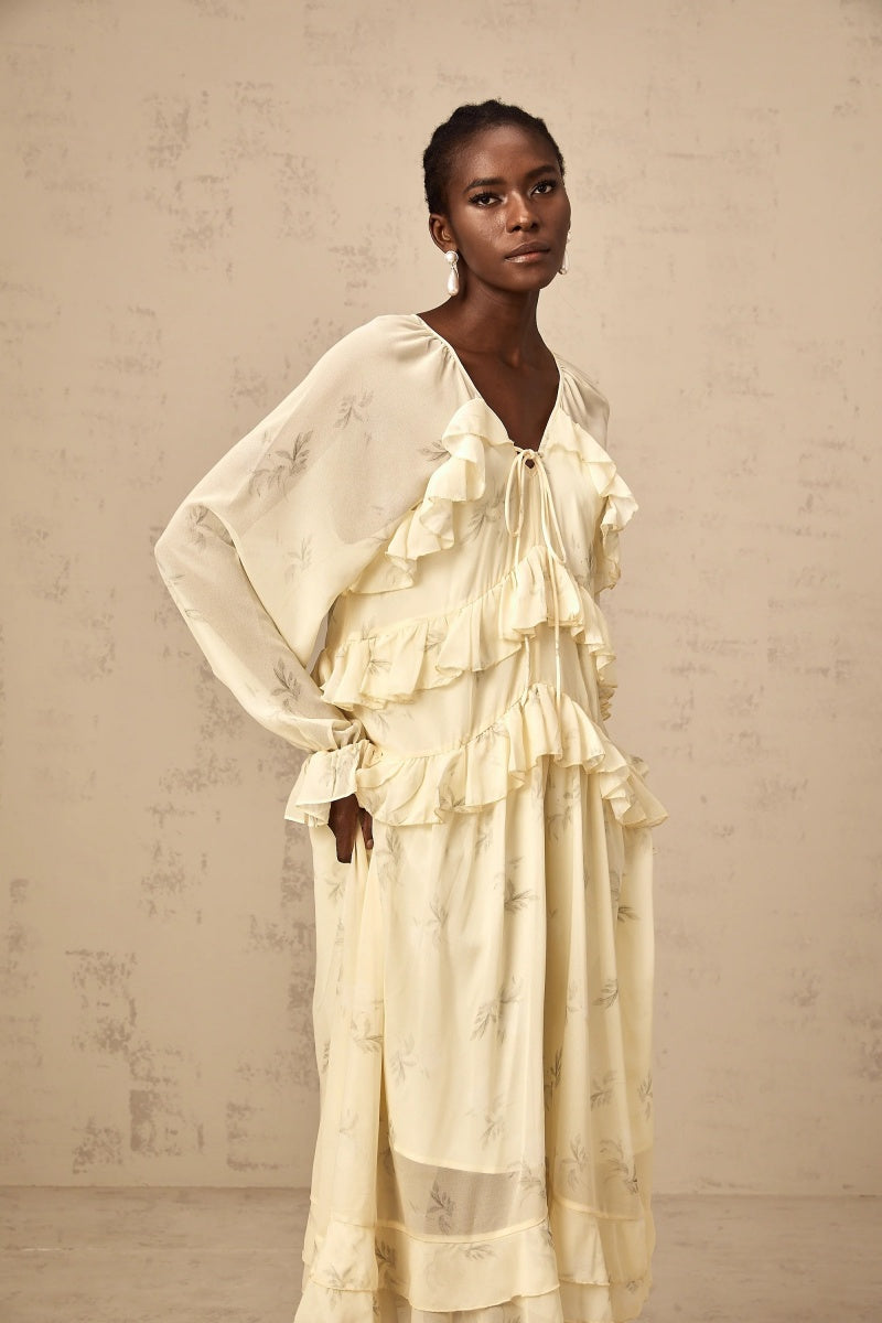 Vestito midi in chiffon con stampa floreale e volant