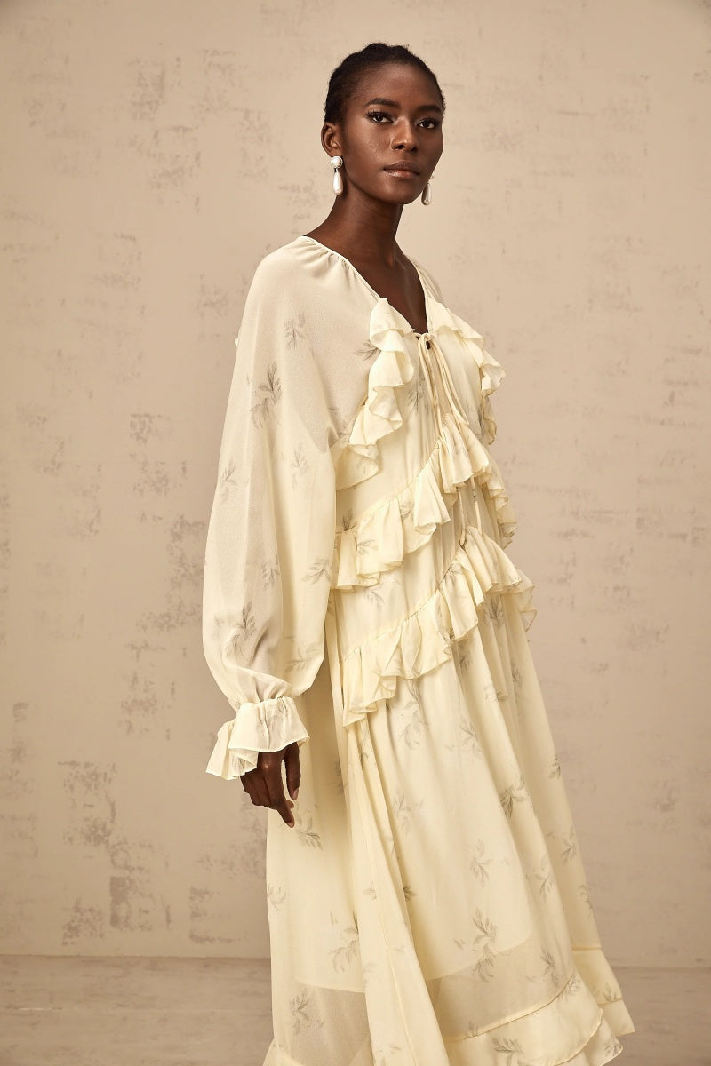 Vestito midi in chiffon con stampa floreale e volant