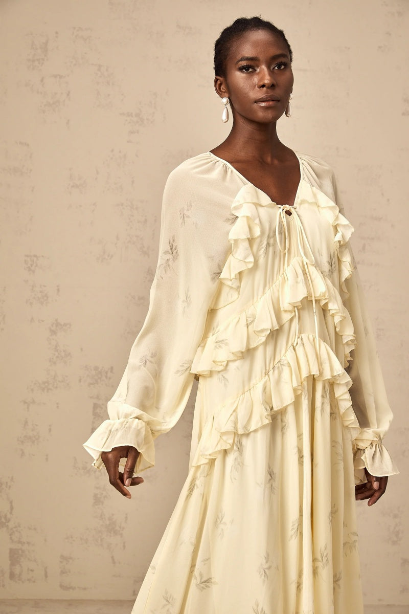 Vestito midi in chiffon con stampa floreale e volant