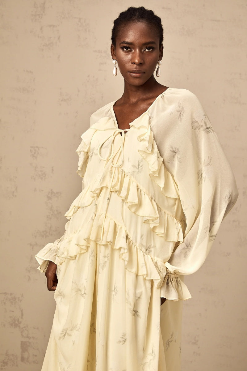 Vestito midi in chiffon con stampa floreale e volant