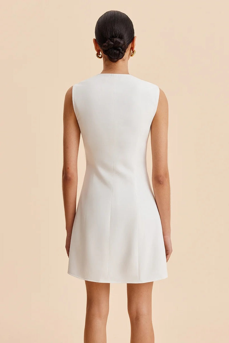 Vestito Mini Senza Maniche con Bottoni Metallici e Chiusura a Zip