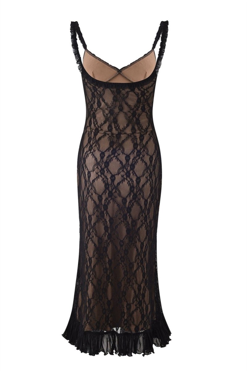 Vestito lungo maxi con pizzo floreale e volant