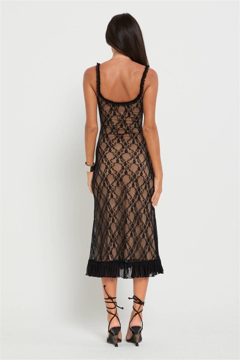 Vestito lungo maxi con pizzo floreale e volant