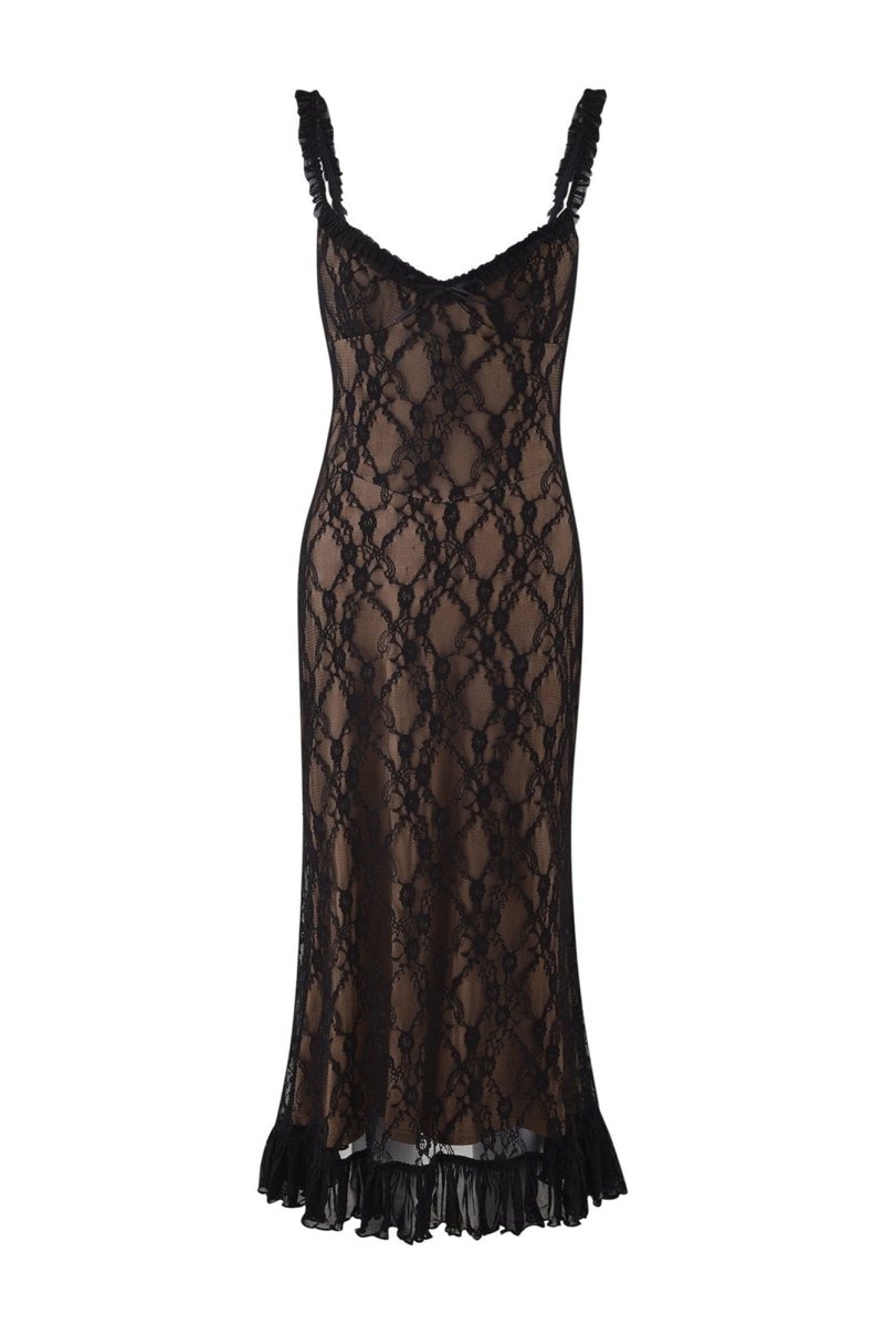 Vestito lungo maxi con pizzo floreale e volant