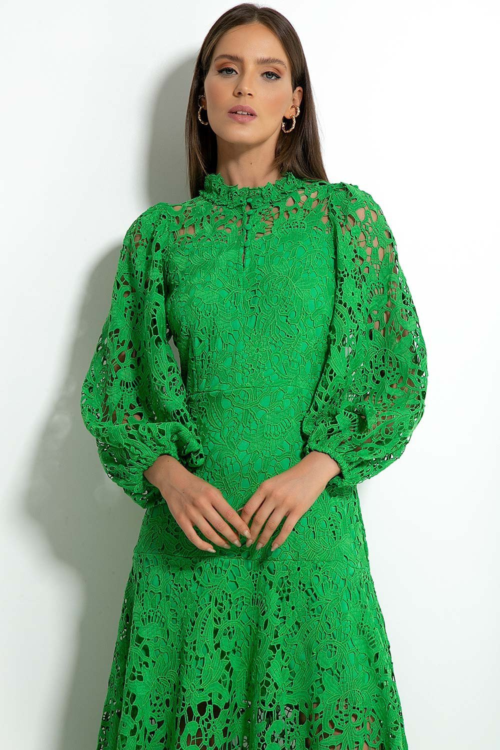 Vestito Maxi a Campana con Ricami Joà e Pizzo