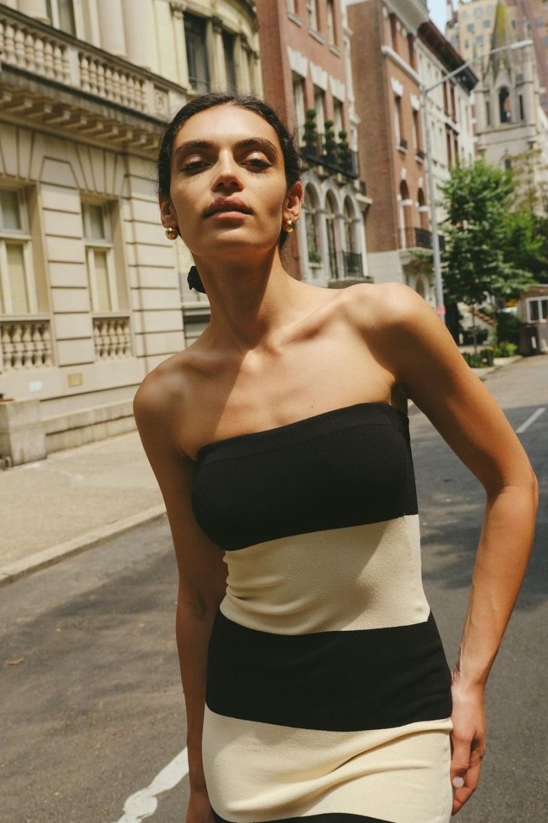 Vestito midi senza spalline a righe Joanne