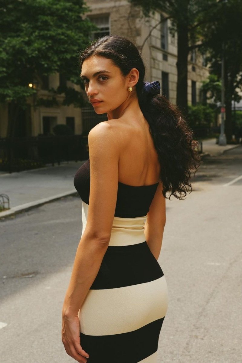 Vestito midi senza spalline a righe Joanne