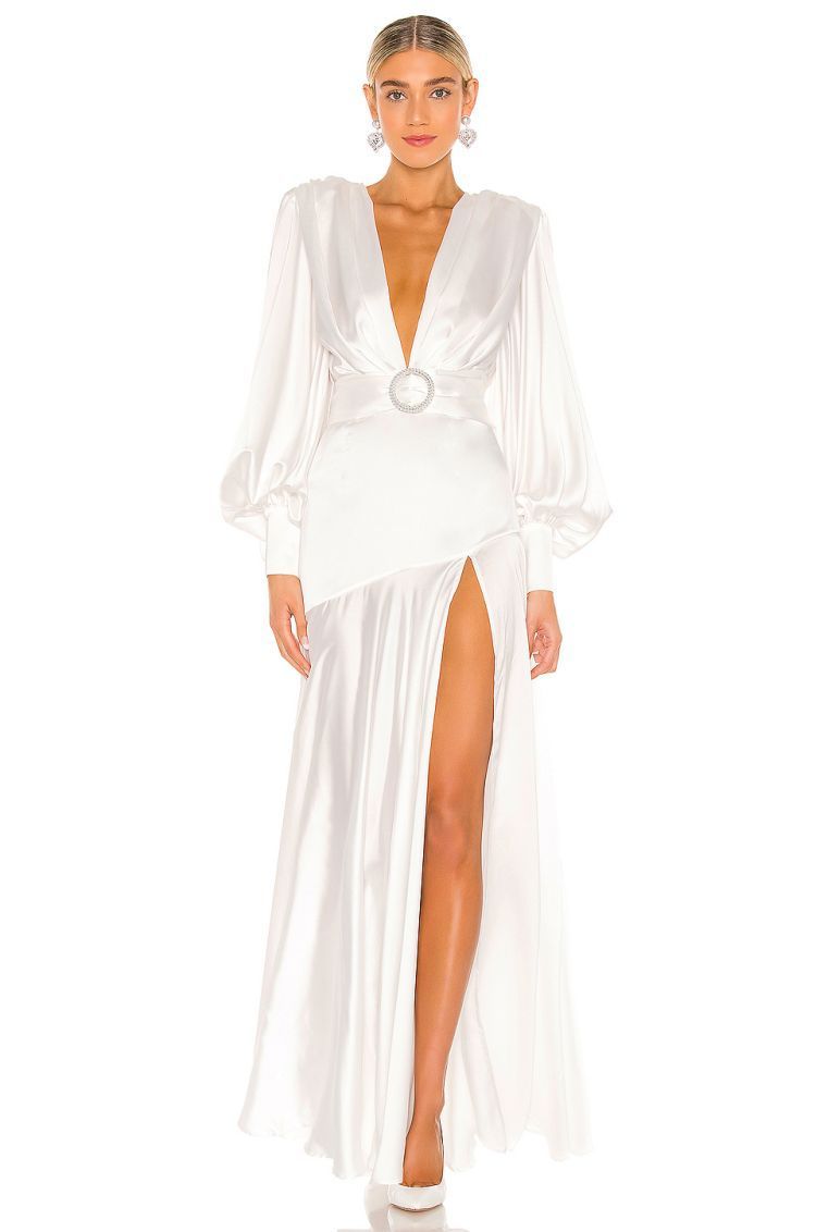 Vestito lungo maxi con scollo a V, cintura e spacchi di Phoebe