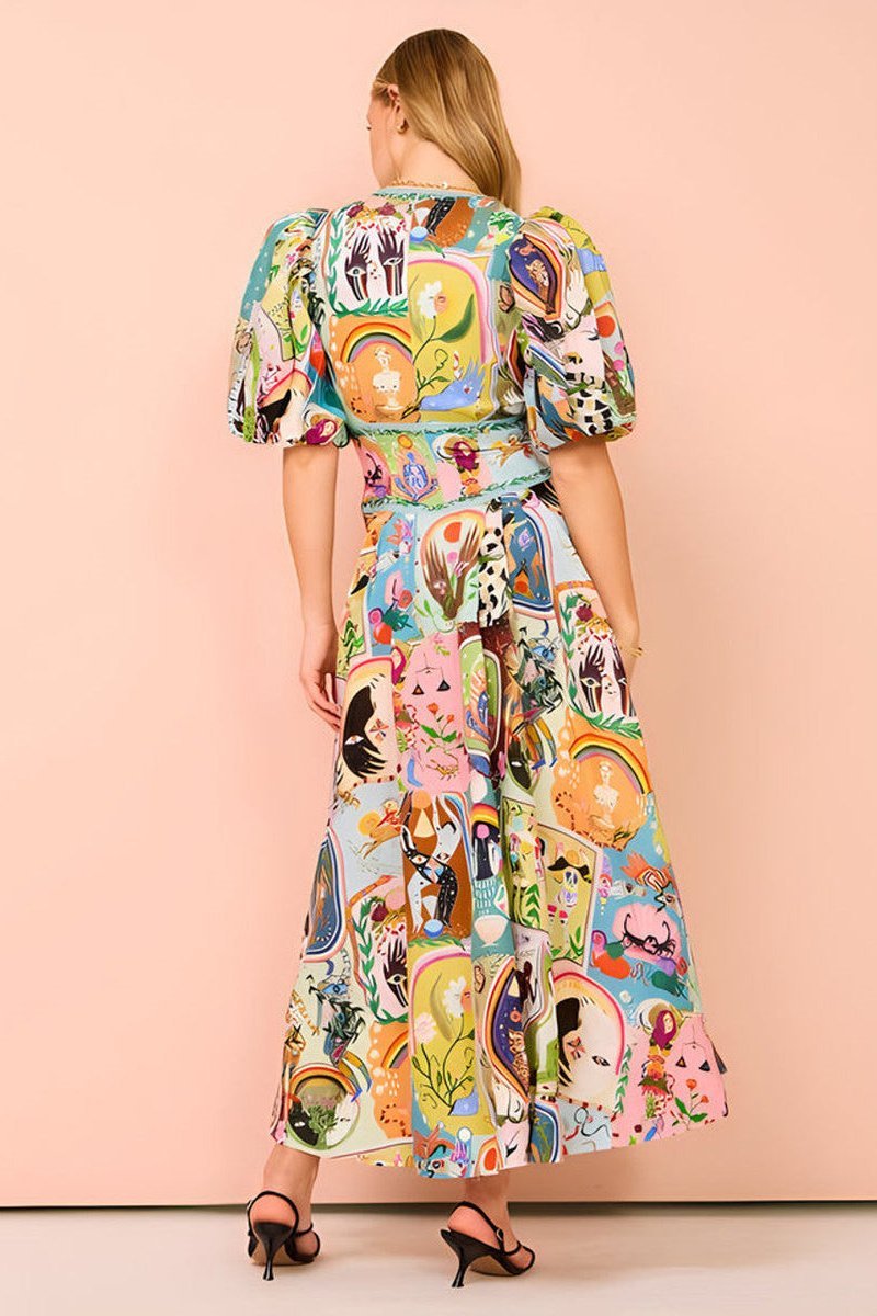 Vestito midi con scollo a V e maniche a sbuffo Juliana