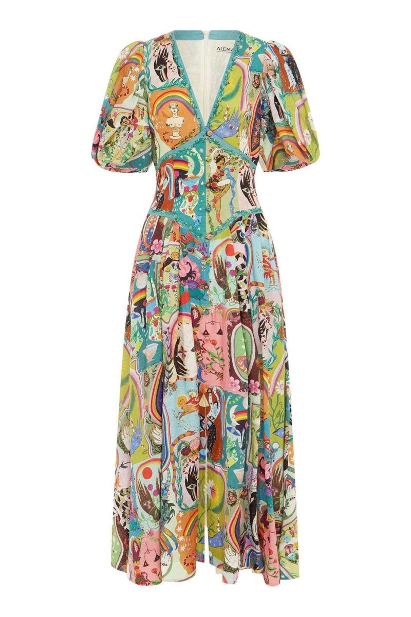 Vestito midi con scollo a V e maniche a sbuffo Juliana