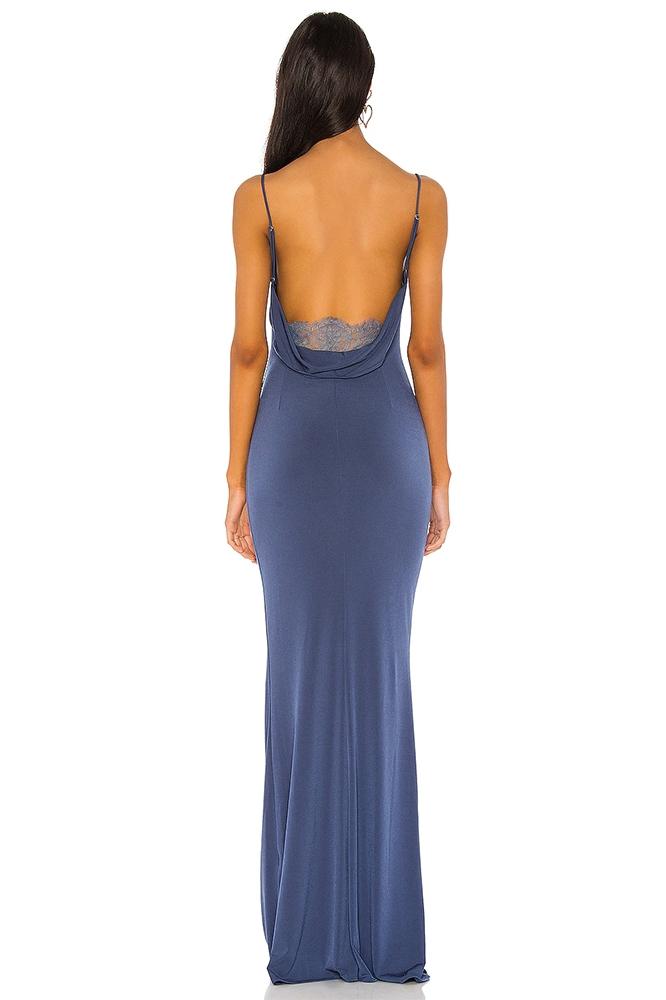 Vestito lungo senza schiena con collo a chiffon di pizzo Lila