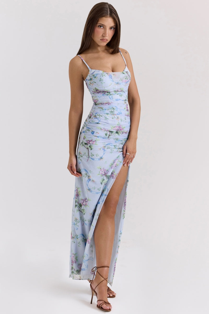 Vestito Midi a Fiori Blu con Spacco