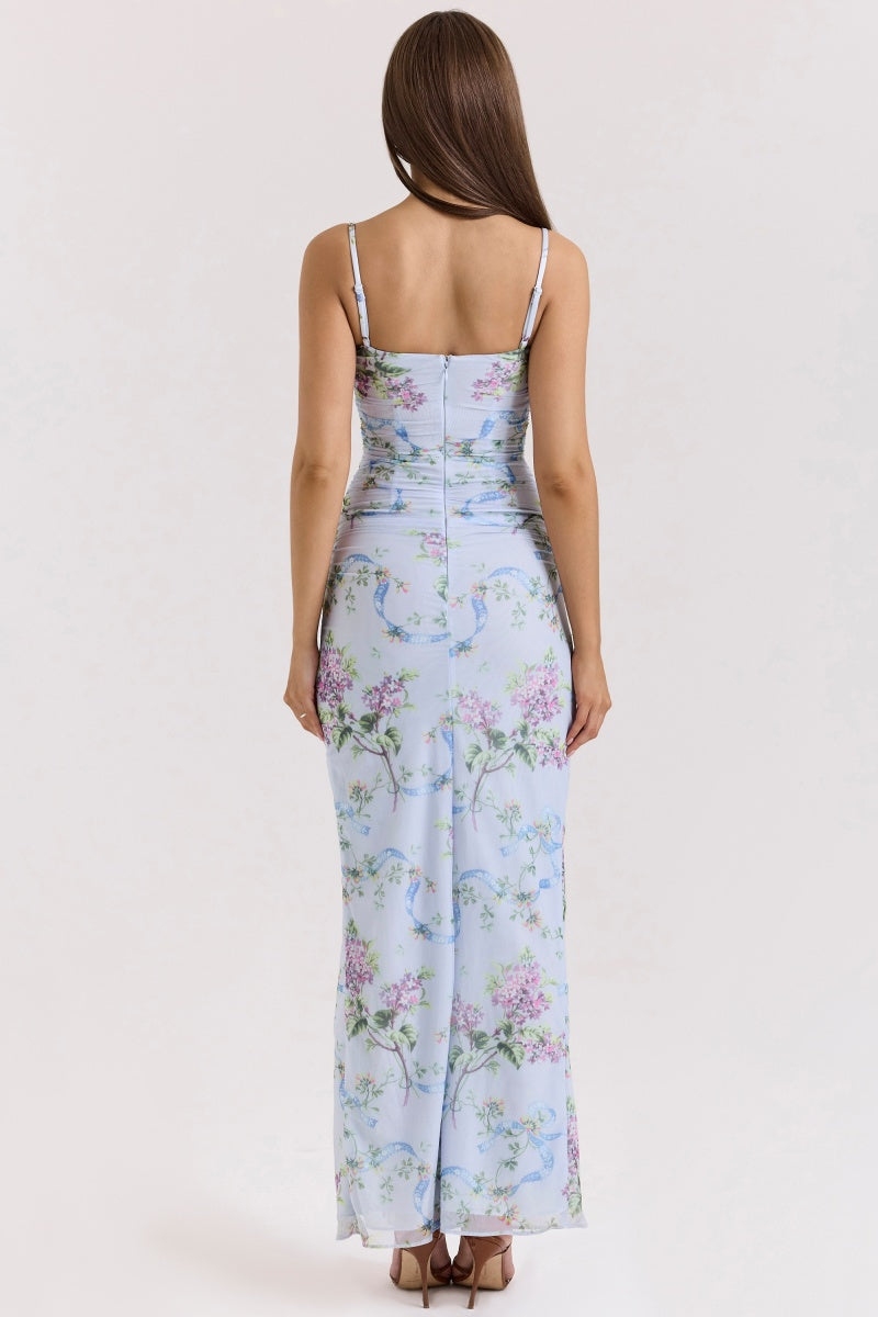 Vestito Midi a Fiori Blu con Spacco