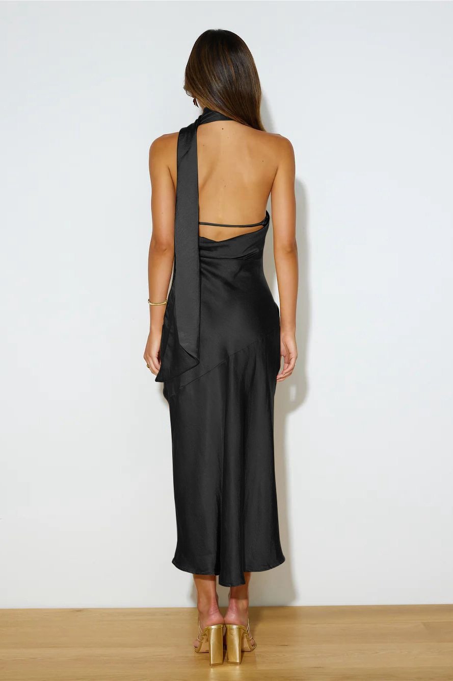 Vestito Midi in Satin con Collare a Cappuccio e Dritto