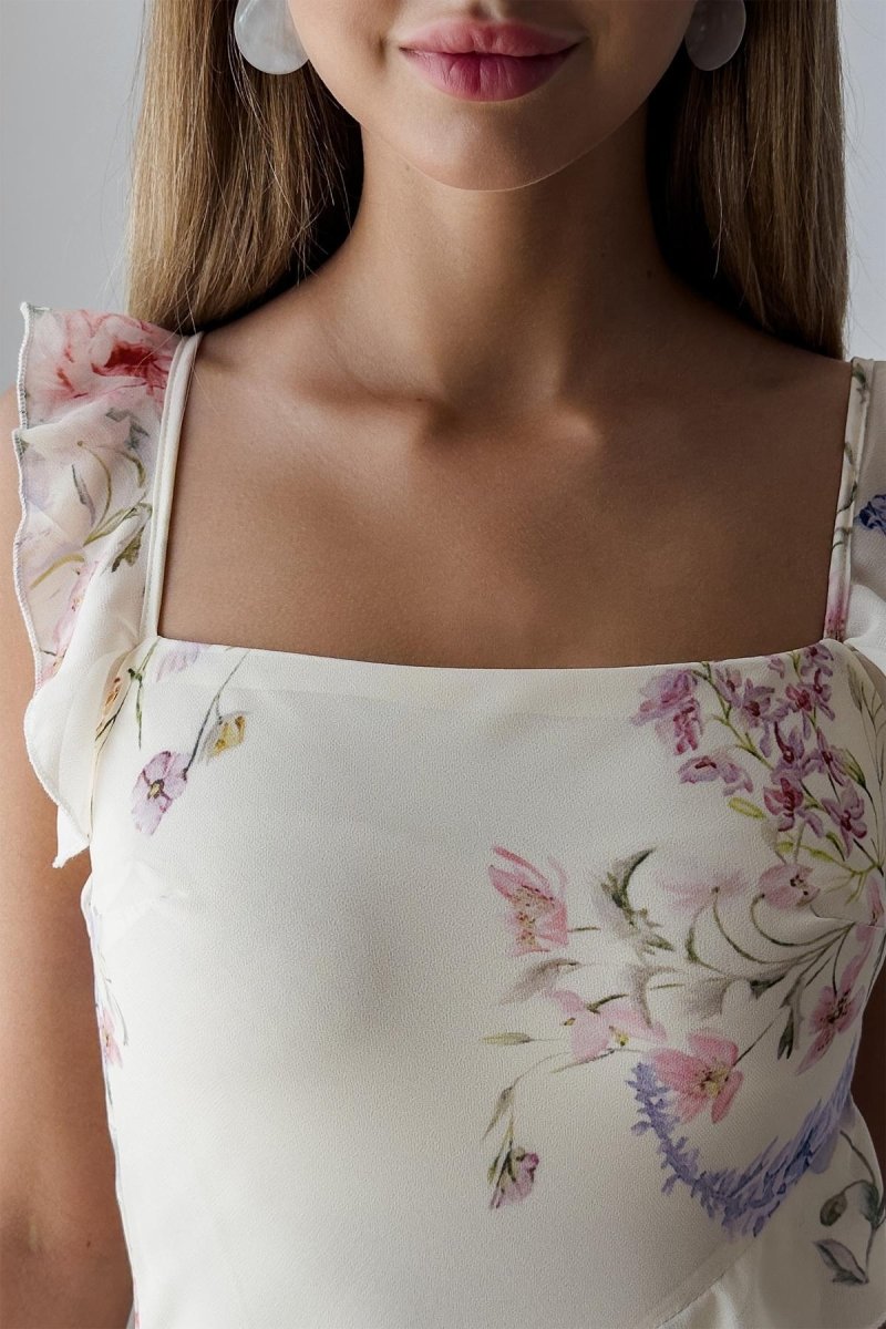 Vestito Midi a Spacco con Bordi a Pieghe Naomi Floral Cami