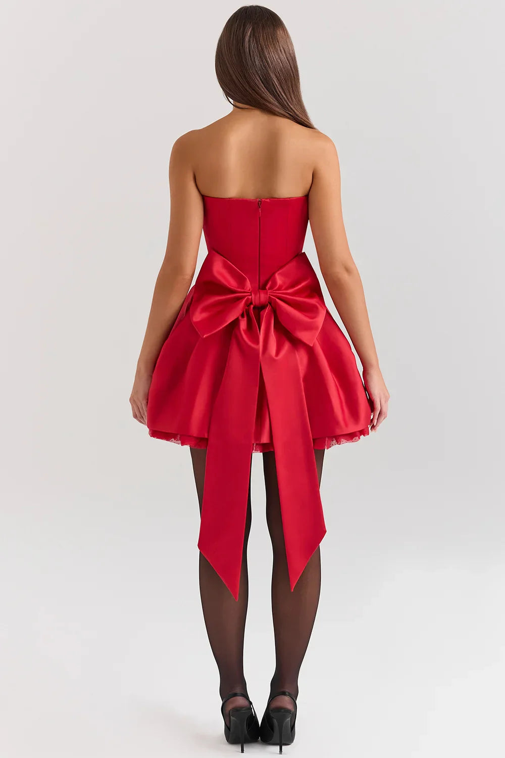 Vestito Mini in Broccato Rosso con Fiocco Rimovibile