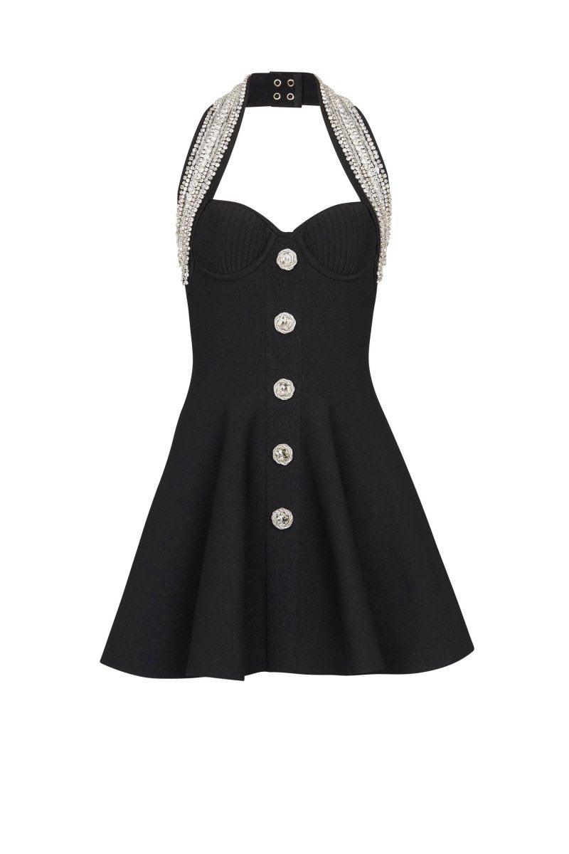 Vestito Mini in Maglia con Decorazioni di Cristallo Patricia con Top a Halter