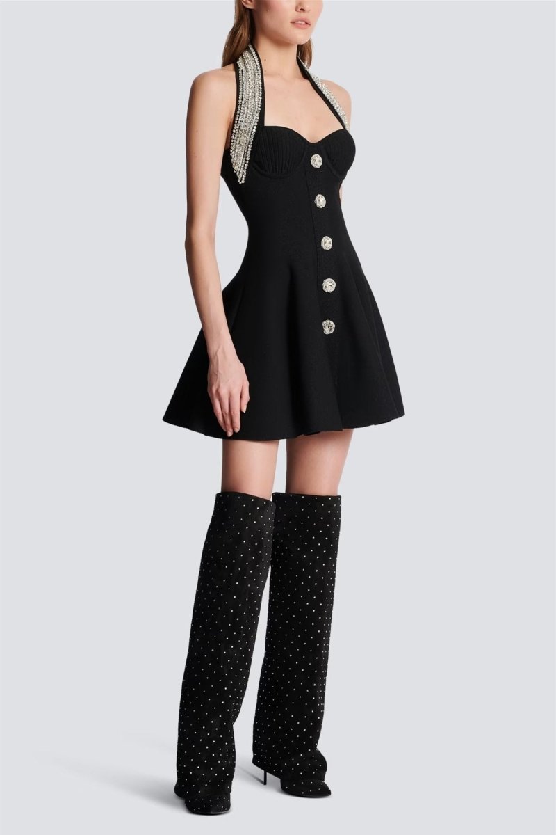 Vestito Mini in Maglia con Decorazioni di Cristallo Patricia con Top a Halter