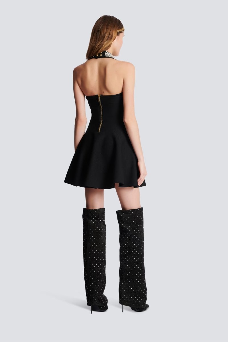 Vestito Mini in Maglia con Decorazioni di Cristallo Patricia con Top a Halter