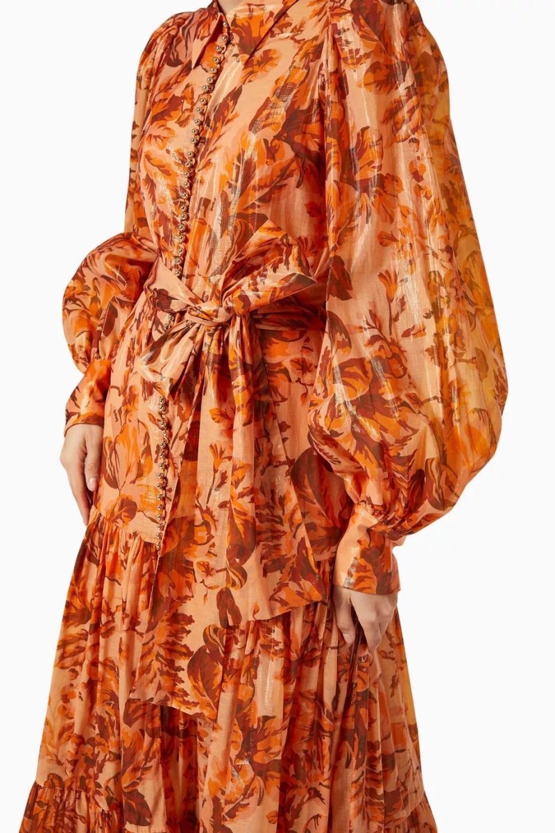 Vestito lungo Queena con maniche a palloncino e stampa