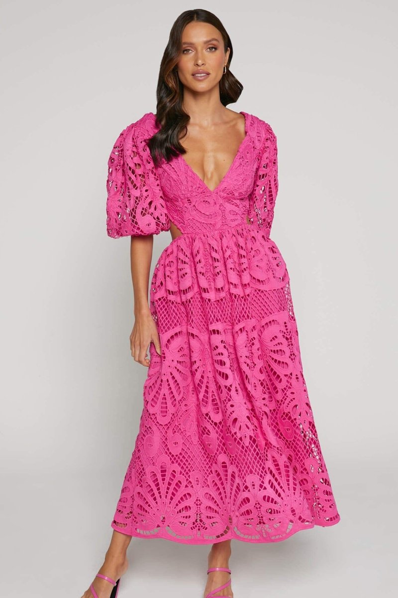 Vestito Midi con Ricami Sandra, Fessure e Tulle