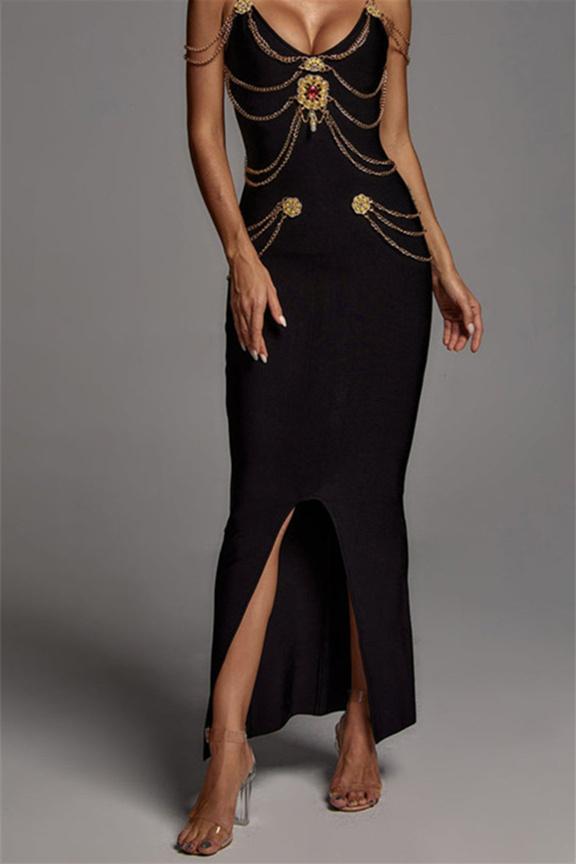 Vestito Midi con Decorazione in Metallo e Scollo a V
