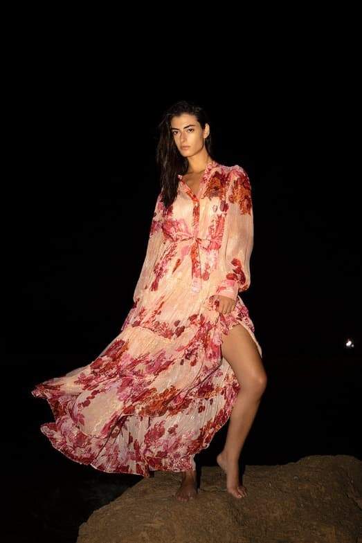 Vestito lungo floreale Sylvia con maniche lunghe