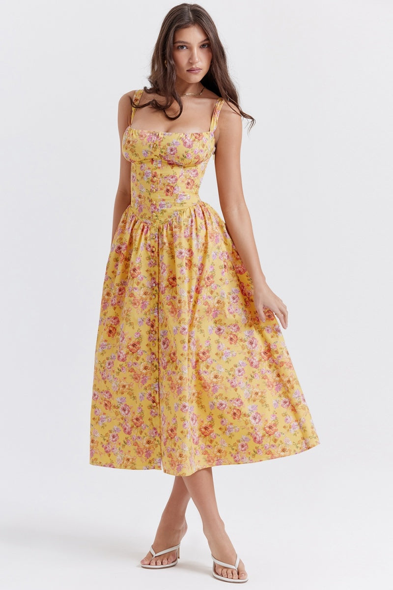 Vestito midi giallo con stampa floreale Tatiana