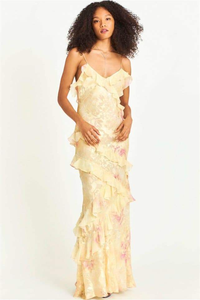 Vestito lungo sinuoso floreale Virginia con volant