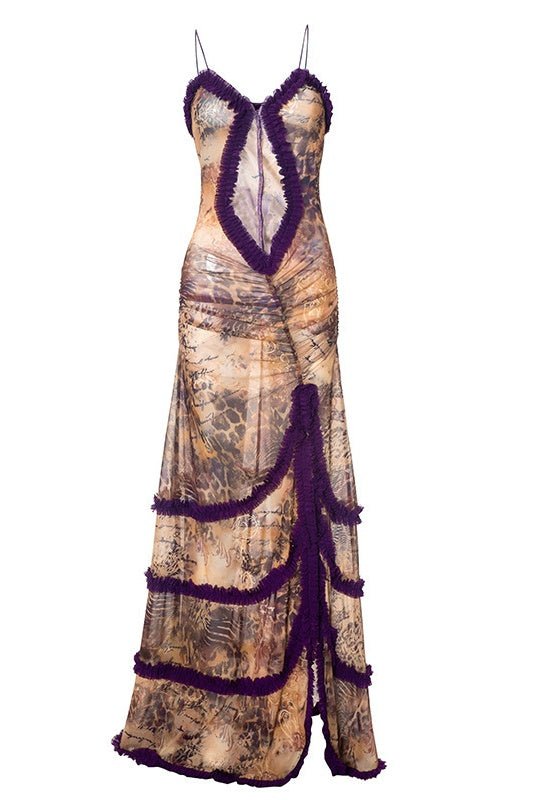 Vestito lungo maxi con gonna svasata stampata Yuri