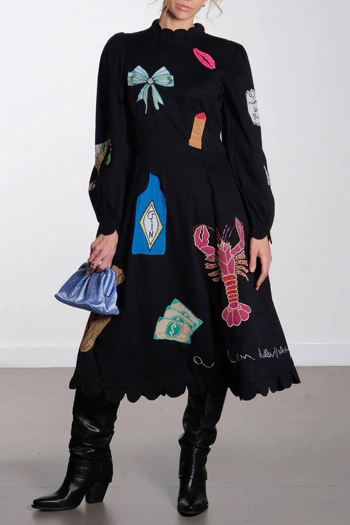 Vestito Midi con Rifiniture in Conchiglia e Graffiti di Aragosta