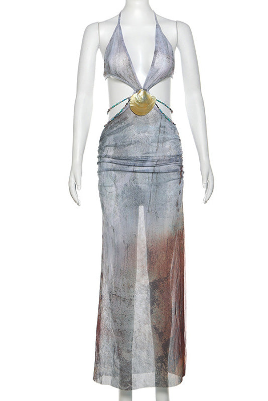 Vestito lungo in rete con scollo a halterneck e dettaglio con conchiglia di Eve