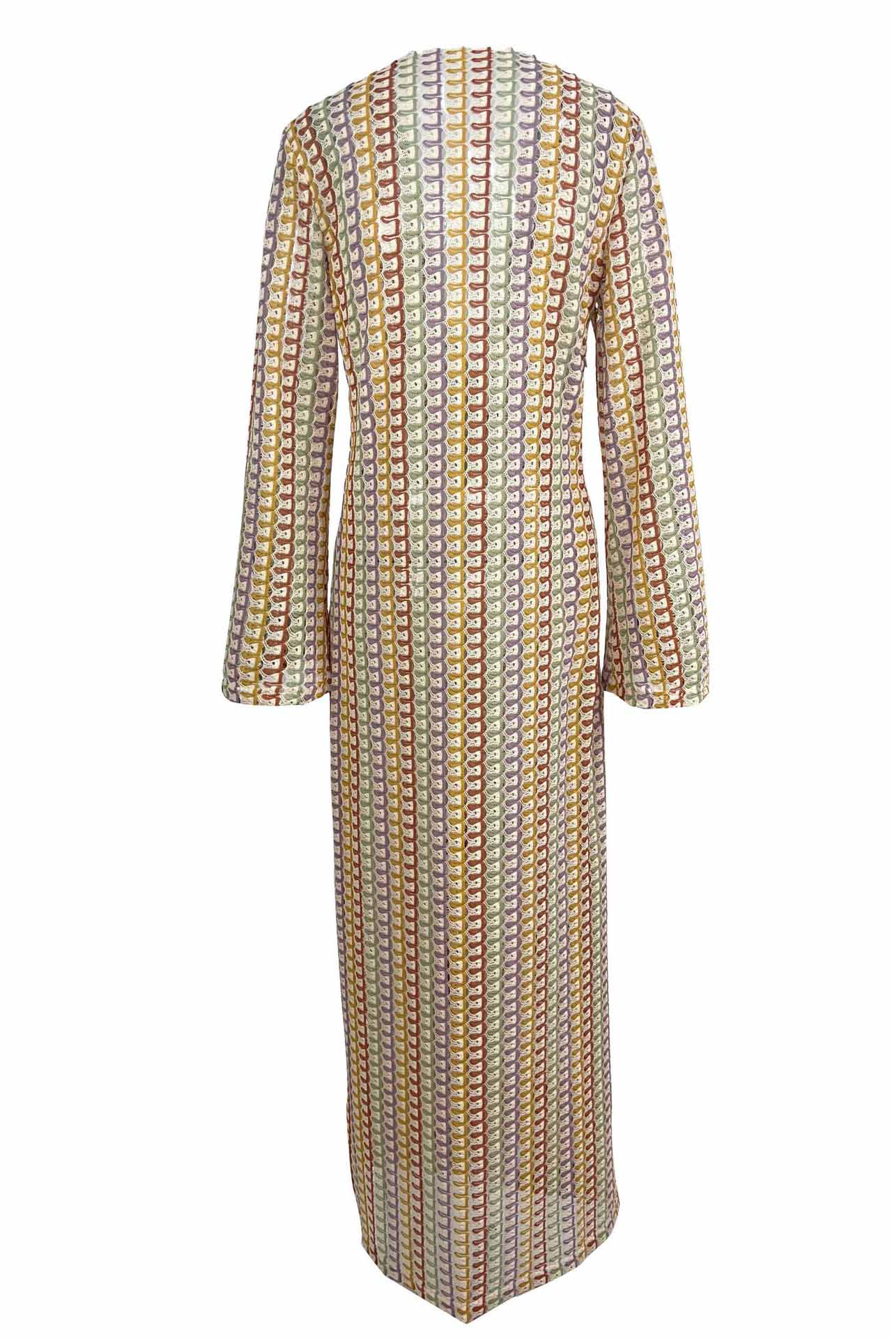 Vestito lungo bohémien con scollo a V, maniche a campana, motivo a onde a righe e crochet per vacanze in spiaggia