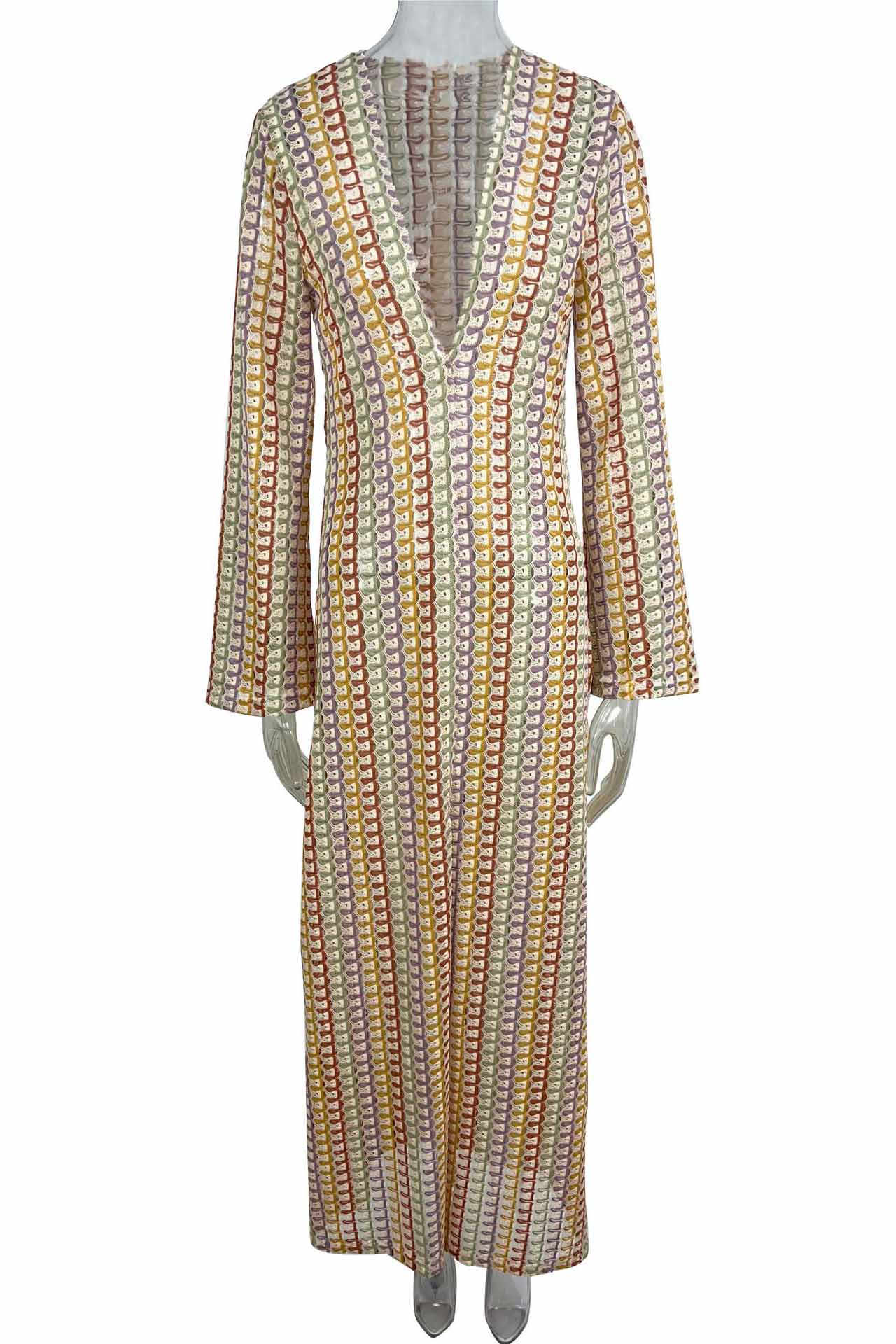 Vestito lungo bohémien con scollo a V, maniche a campana, motivo a onde a righe e crochet per vacanze in spiaggia