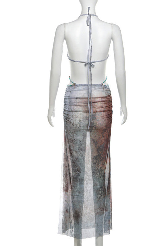 Vestito lungo in rete con scollo a halterneck e dettaglio con conchiglia di Eve