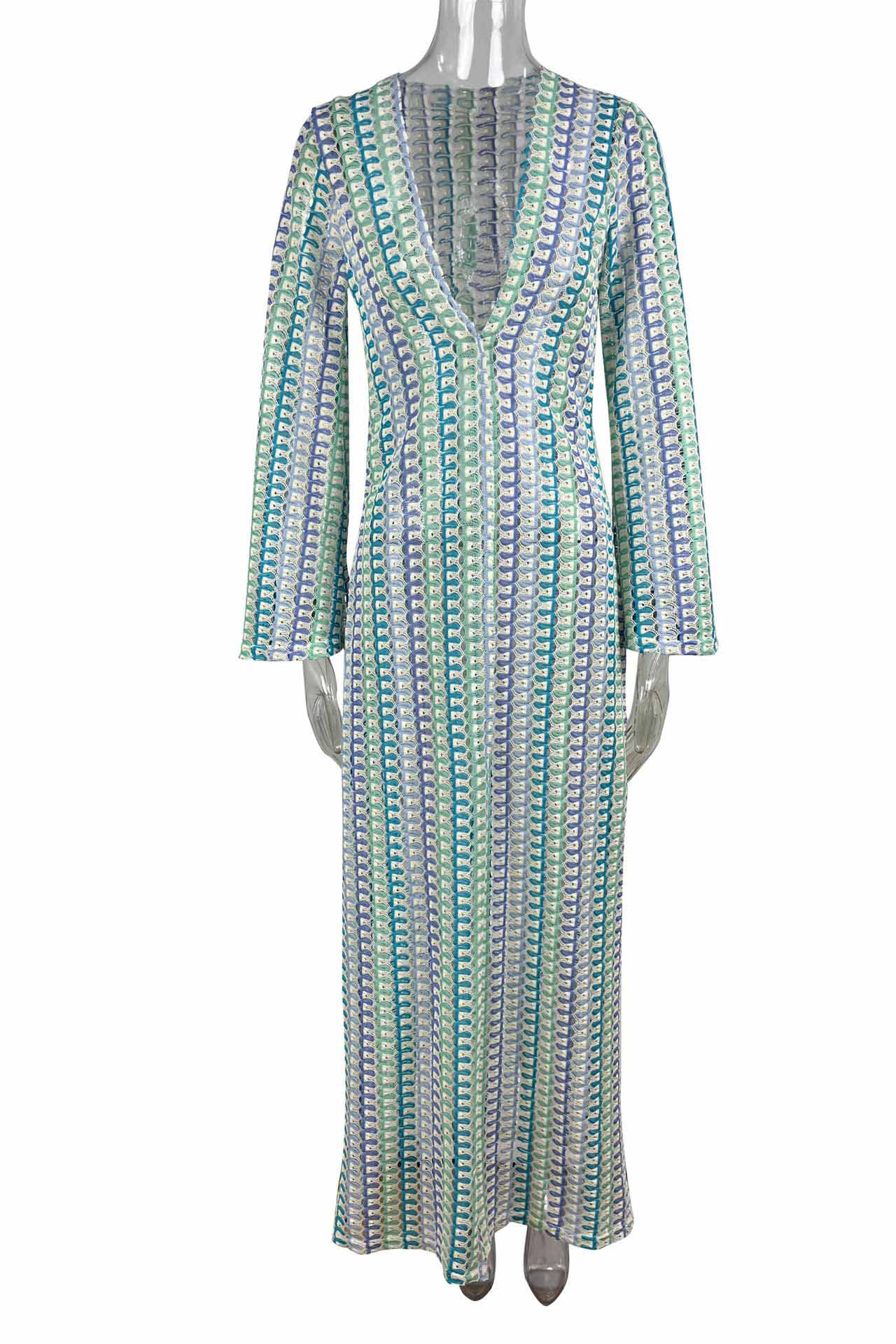 Vestito lungo bohémien con scollo a V, maniche a campana, motivo a onde a righe e crochet per vacanze in spiaggia