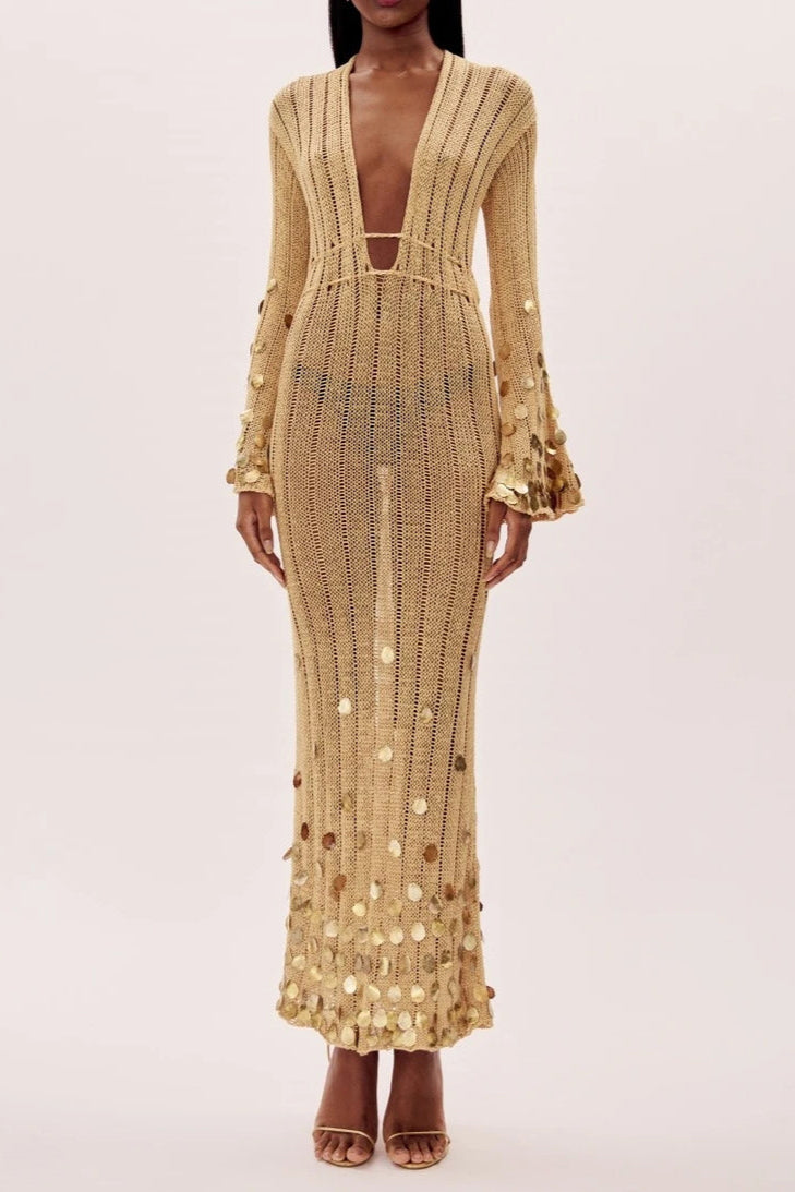 Vestito lungo a maglia oro Dolly
