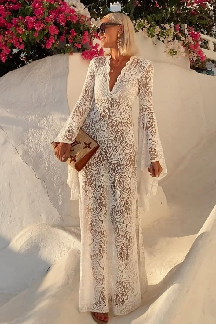 Vestito Maxi con Maniche a Campana in Pizzo
