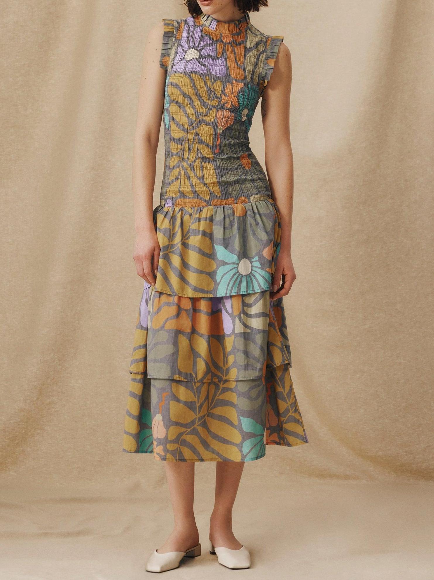 Vestito Midi con Stampa Botanica Multicolore