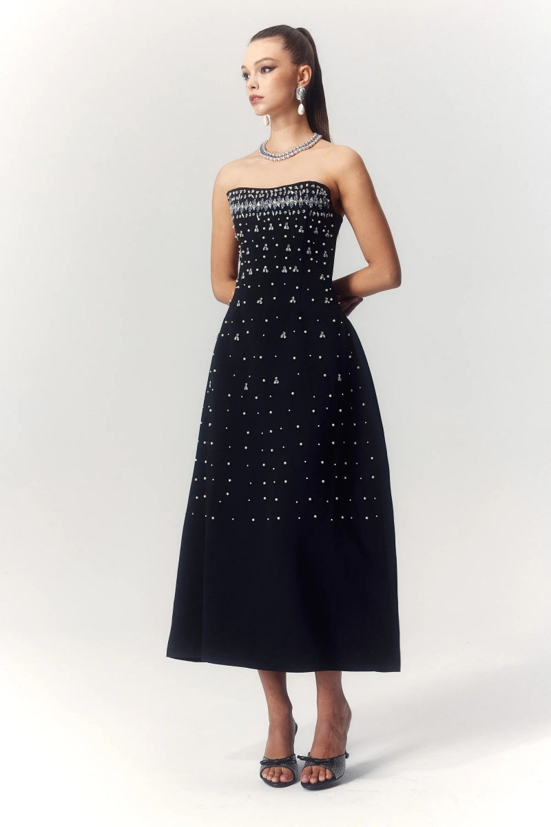 Vestito midi senza maniche con decorazioni in cristallo Verna