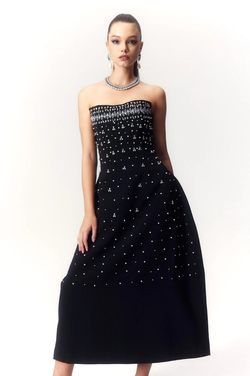 Vestito midi senza maniche con decorazioni in cristallo Verna
