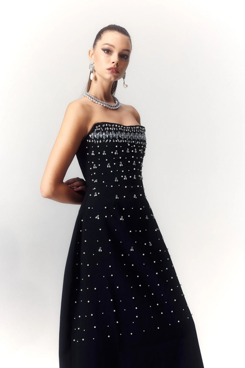 Vestito midi senza maniche con decorazioni in cristallo Verna